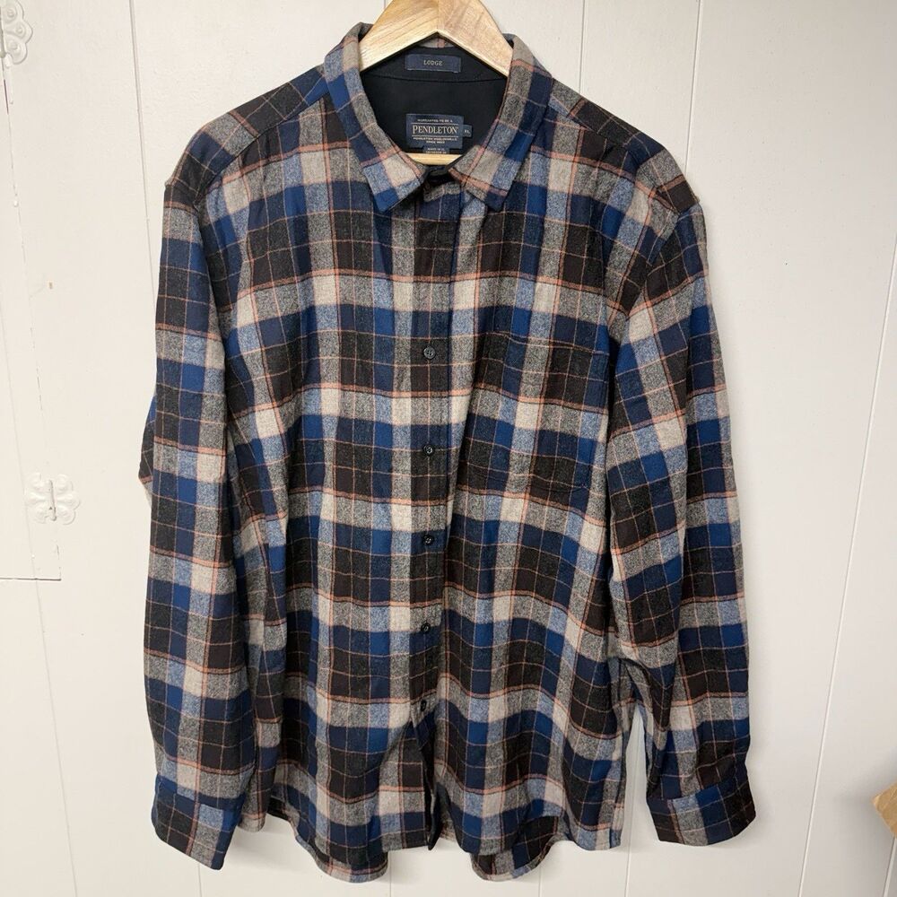 Pendleton Lodge Flannel Brown Plaid 100% Virgin Wool Outdoor Casual Men XL EUC